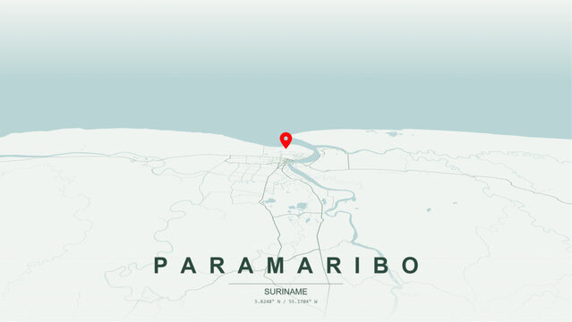 Modern minimalist vector map of Paramaribo, Suriname. High-quality scalable illustration of Paramaribo city grid, Suriname River waterfront axis for posters and design.