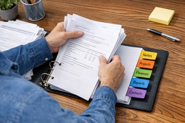 Fototapeta premium A businessman holds a folder full of papers and documents, ready for work or a meeting