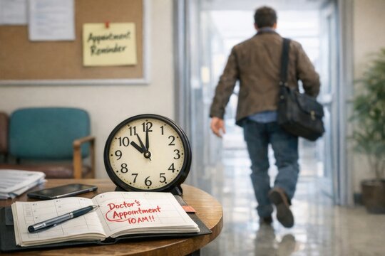 A person walking down a long hallway with a clock visible in the background, perfect for scenes about time passing or daily routines