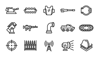 Military Equipment Icons, Army Weaponry Symbols, Defense Technology Graphics, War Machine Vector Set © Monir