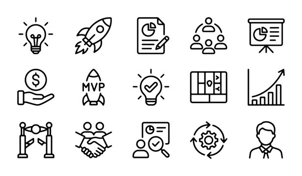 Business Icons Set: Startup, Strategy, Finance, Teamwork, Presentation, MVP, Growth