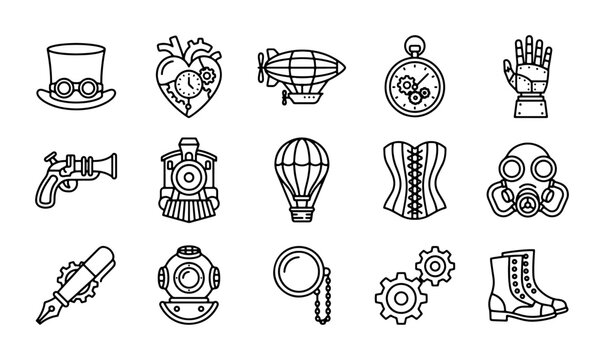 Steampunk Icons Set: Victorian Era Gadgets, Gears, and Retro Inventions Collection