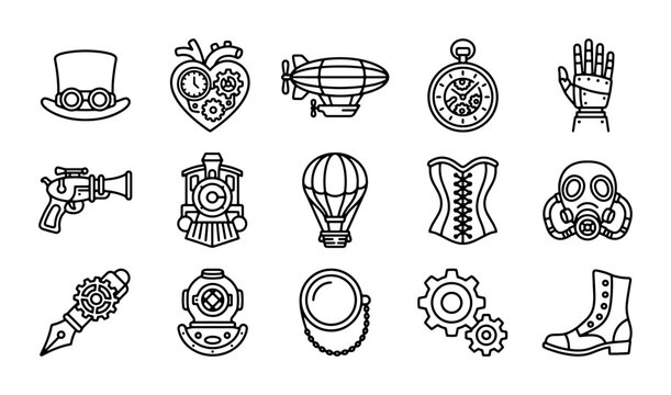 Steampunk Icons Set: Vintage Gears, Hats, Airships, and Gadgets Vector Collection
