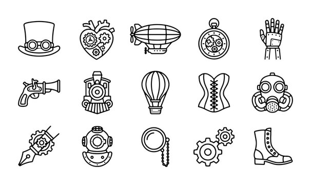 Steampunk Icons Set, Victorian Era Gadgets, Retro Sci-Fi Elements, Industrial Gear Graphics