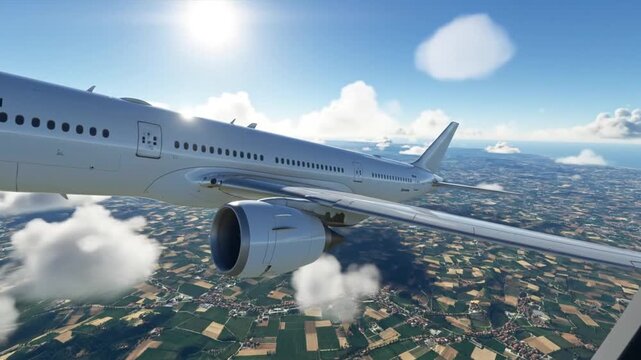 Airplane flying through clouds on a clear sunny day with detailed wing view