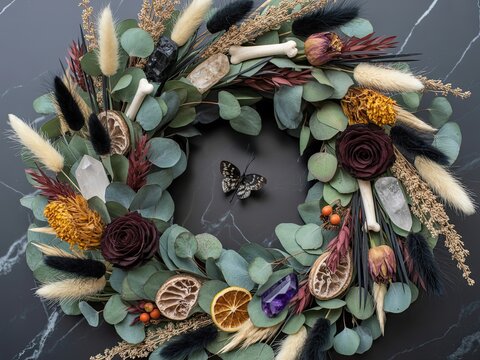 Rustic autumn wreath with dried flowers pine cones cotton eucalyptus and twine on dark background for seasonal decor