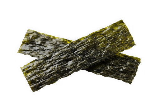 Two crispy sheets of dried nori seaweed for sushi preparation isolated on checker.