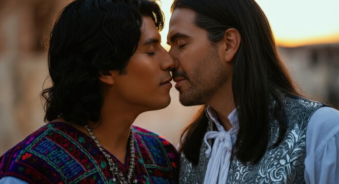 Closeup portrait of two men about to kiss at sunset