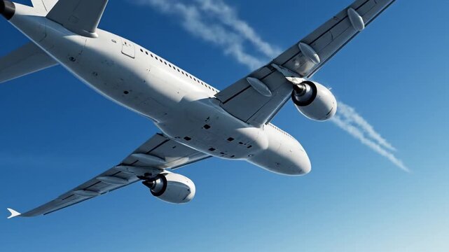 Airplane underside view against clear blue sky with engines and wings