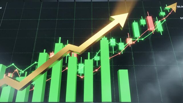 Financial growth chart with ascending arrow and stock market data