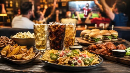 Fototapeta premium Game Day Snacks and Drinks on Table During Sports Watching Party