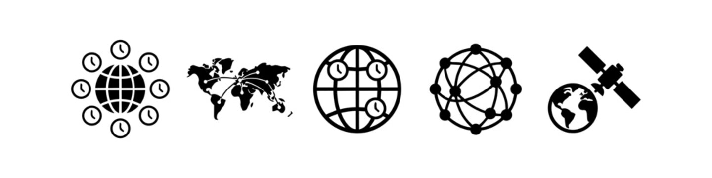 Vector set of five flat black icons representing global connectivity, world map networks, international time zones, and satellite communication systems on a clean white background.