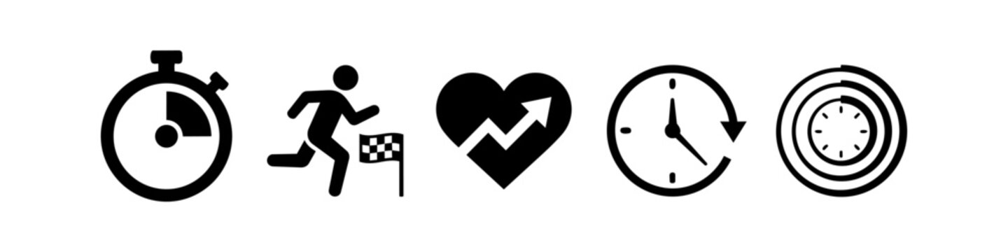 A collection of five black fitness and performance icons featuring a stopwatch, running athlete, heart rate growth, time management clock, and target tracker on a white background.