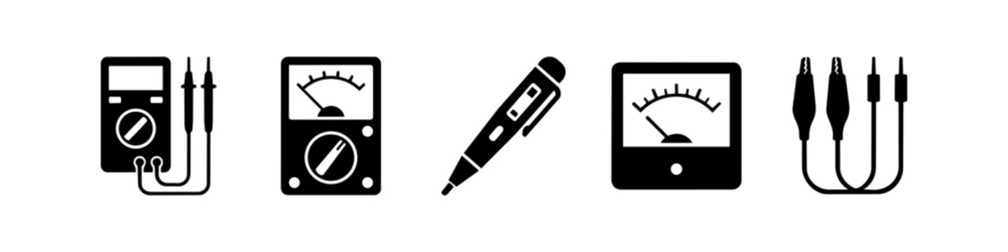 A collection of flat black icons representing electrical measurement and testing equipment, including multimeters, voltage testers, and alligator clip leads on a white background.