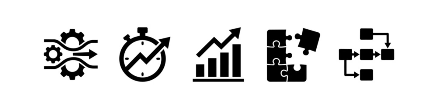 Professional set of five business optimization icons including process gears, efficiency stopwatch, growth chart, puzzle solution, and workflow flowchart. Ideal for corporate presentations.