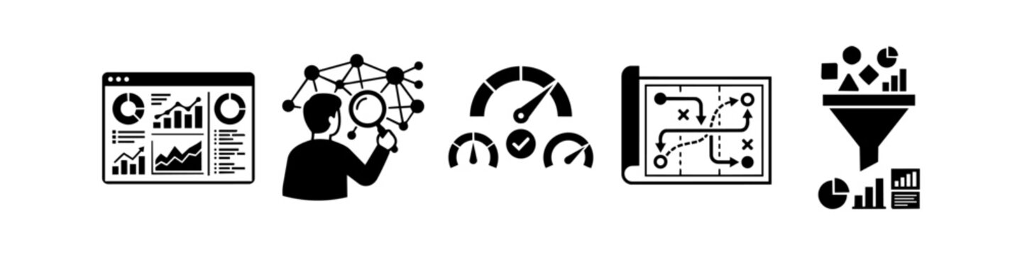 Comprehensive business icons set featuring data dashboard, network analysis, performance metrics, strategic roadmap, and data processing funnel for professional analytics and planning.