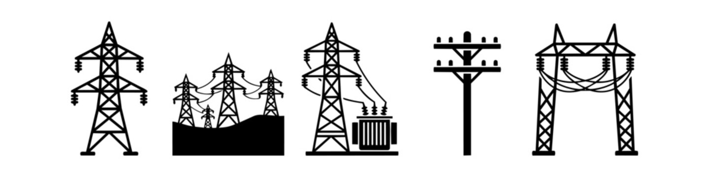 Silhouette set of electrical infrastructure icons including power transmission towers, utility poles, and transformers. Ideal for energy grid, electricity supply, and industrial design concepts.