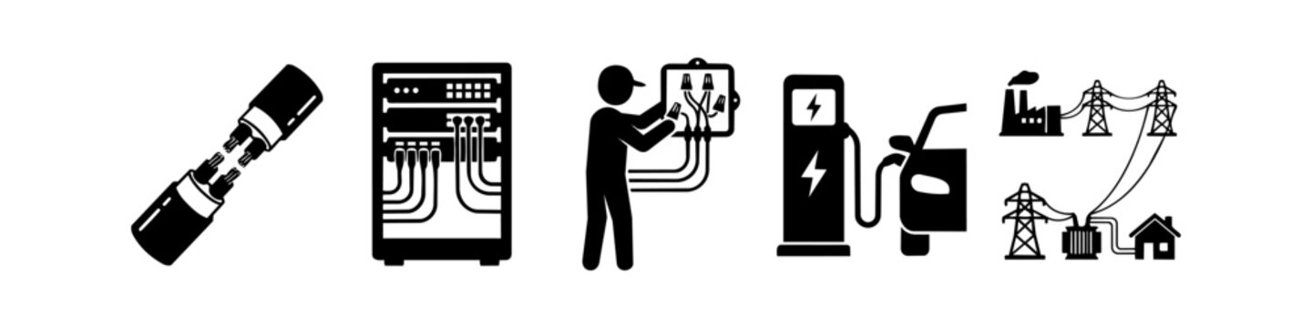 Collection of electrical and power infrastructure icons including cable splicing, an electrician at work, EV charging station, control panels, and a comprehensive power grid diagram.