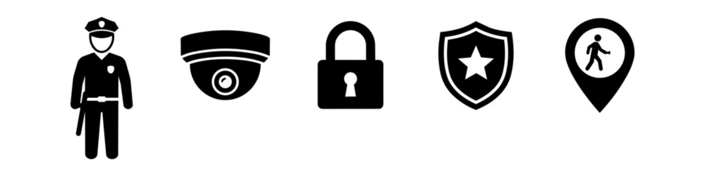 Set of security and protection icons featuring a guard, surveillance camera, padlock, shield, and location pin. Black flat design symbols isolated on white background for web and app interfaces.