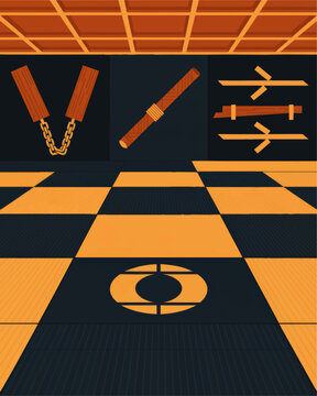 Martial arts dojo interior with wooden nunchucks, staff weapons and orange black tatami training floor, flat vector illustration