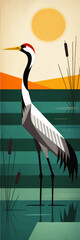 Obraz premium Elegant red crowned crane illustration in sunset wetland, minimalist geometric bird art in teal lake with reeds and warm horizon