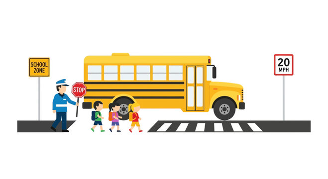 School bus, children crossing, crossing guard, safety, education, transport
