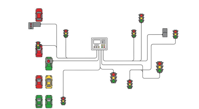 Traffic Signal System Diagram: Cars, Lights, Control Unit, Network