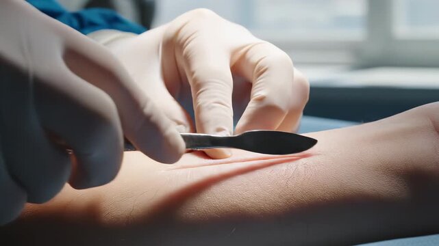 Health professional makes incision on skin with precise tools in bright medical room. Clear focus on the careful procedure. Concept of healthcare, surgery, medical training
