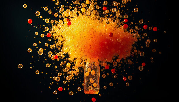 Juice bottle explosion. Bubbles and juice splash in all directions