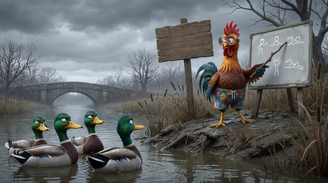 Satirical scene of an overconfident rooster in a swimsuit teaching skeptical ducks to swim, an incompetent coach concept, humorous animal social commentary illustration
