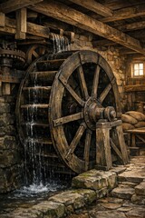 Obraz premium A large wooden wheel sitting next to a waterfall, possibly from an old mill or machinery