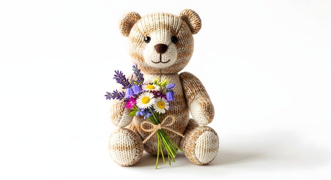 Cute knitted teddy bear sitting and holding a colorful bouquet of wildflowers on white background