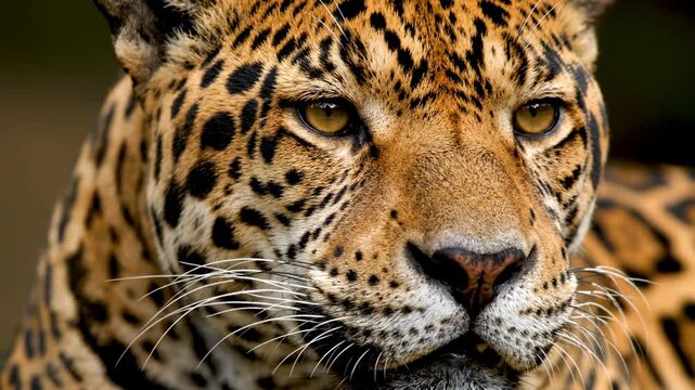 Jaguar gazes intently at the camera, displaying striking fur patterns and piercing eyes. Set against a blurred natural background