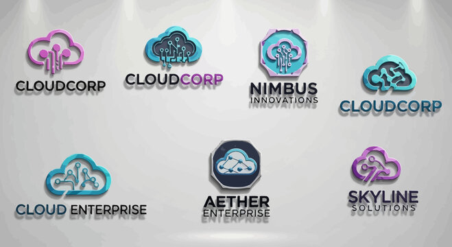 Collection of cloud computing and enterprise solution logos, featuring cloud shapes and tech symbols, on an isolated white background.