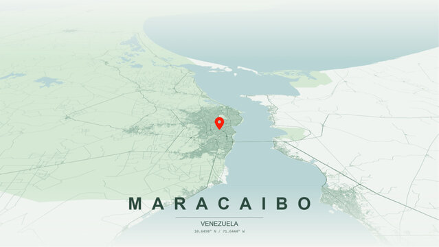 Minimalist vector map of Maracaibo, Venezuela. High-quality scalable illustration of Maracaibo city grid, General Rafael Urdaneta Bridge axis, Vereda del Lago coastal waterfront for posters and design
