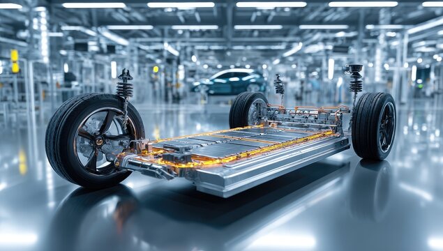Electric vehicle chassis with illuminated battery pack in factory