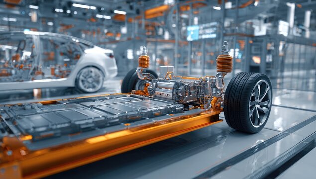 Electric vehicle chassis with visible battery pack on assembly line