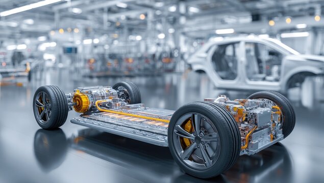 Futuristic electric vehicle chassis with battery pack on factory floor