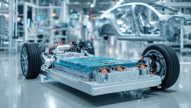 Electric vehicle chassis with battery pack, advanced manufacturing facility