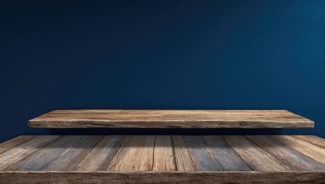 Two rustic wooden shelves against a dark blue textured wall