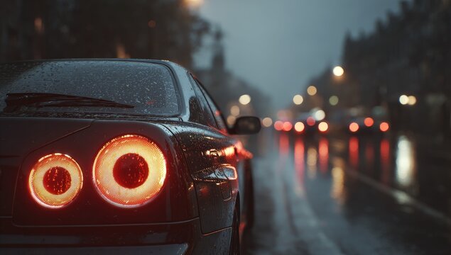 Rain-slicked road at night, with glowing red taillights reflecting