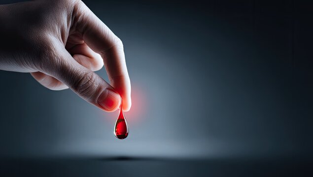 A human hand carefully holds a single, glowing drop of blood
