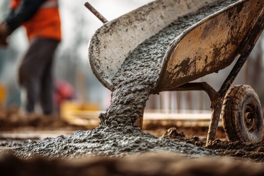 Wet concrete being poured from a wheelbarrow onto a construction site (1)