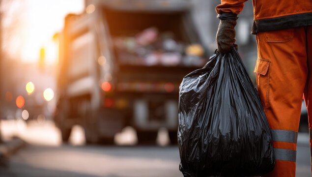 Sanitation worker in orange uniform holding large trash bag near vehicle