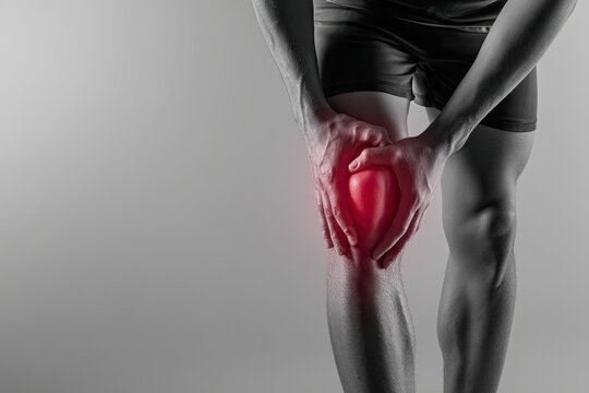 Person gripping injured knee, red highlight indicating pain and inflammation