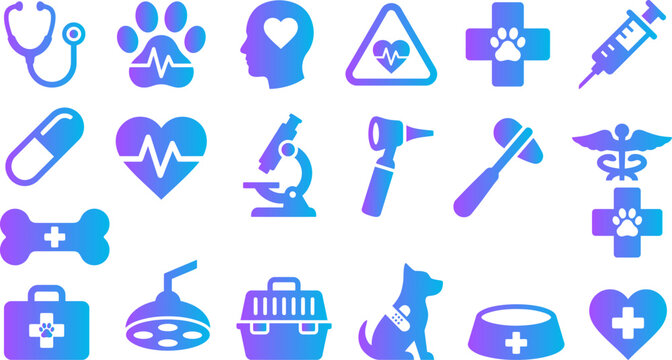 Medical and veterinary icons with gradient colors for healthcare services and animal care.