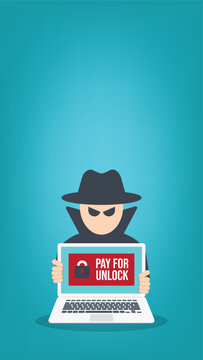 Ransomware Cyber Attack Concept &ndash; Hacker Demanding Payment to Unlock Laptop, Malware Cybercrime, Data Encryption Extortion, Cybersecurity Threat