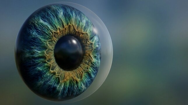 Detailed close-up of a human iris with blue and brown tones, highlighting intricate details and the pupil
