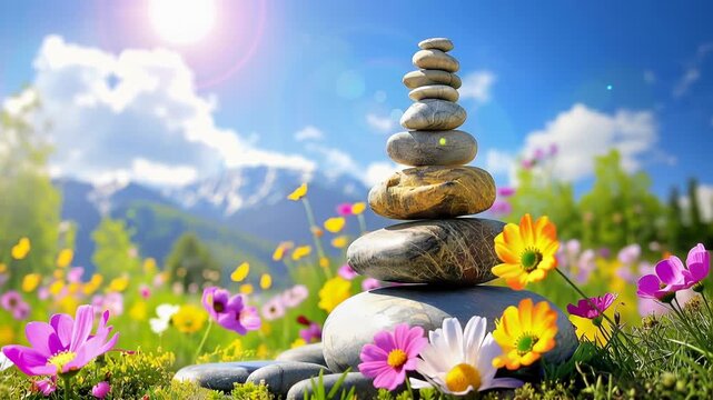 Zen stone pyramid in alpine meadow with wildflowers