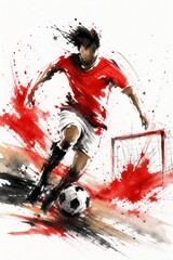 Obraz premium Egypt national football team wallpaper, banner, poster, background. Egypt national team colors on dynamic soccer player kicking a ball with watercolor paint splatters